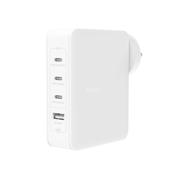 Belkin 140W GaN 4-Port (3X USB-C and 1x USB-A) PD 3.1 Fast Wall Charger, Compact Size, Compatible with MacBook Pro, MacBook Air, USB-C Laptops, iPhone 15 & Other USB-C Devices - White-Power Adapters & Chargers-Belkin-computerspace