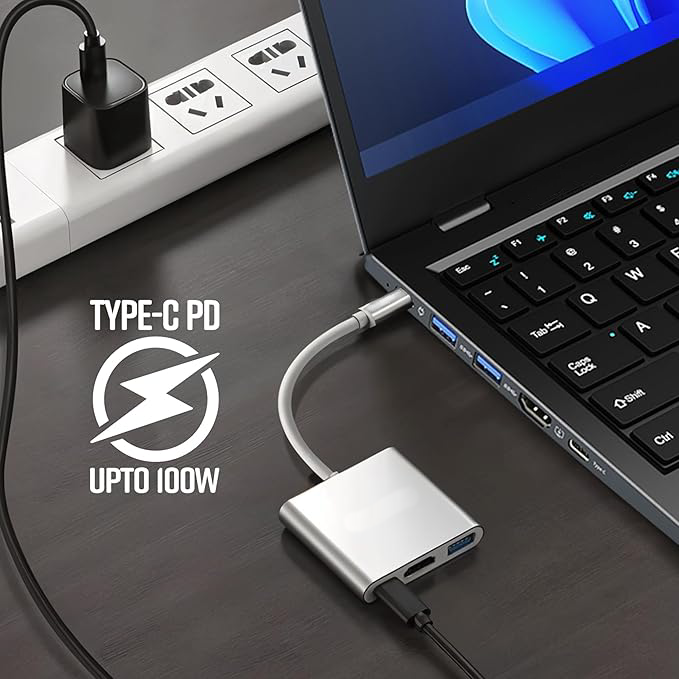 3 in 1 Type C Multiport Hub with 4K HDMI, USB 3.0, Type C PD - 100 Watts, Aluminium Body, Compatible with MacBook | Samsung DeX | Windows Laptop