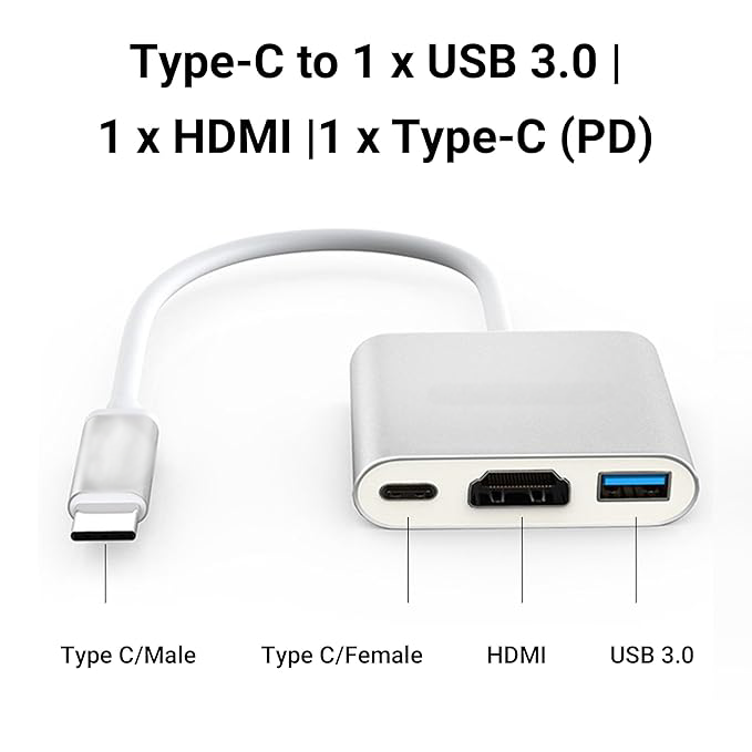 3 in 1 Type C Multiport Hub with 4K HDMI, USB 3.0, Type C PD - 100 Watts, Aluminium Body, Compatible with MacBook | Samsung DeX | Windows Laptop