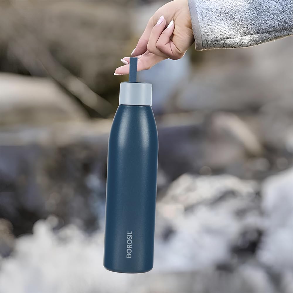Borosil Hydra 750ml Duomate Blue Stainless Steel Bottle | 24 Hours Hot and Cold Double Wall Vacuum Insulated with Copper Coating | 1 Year Warranty