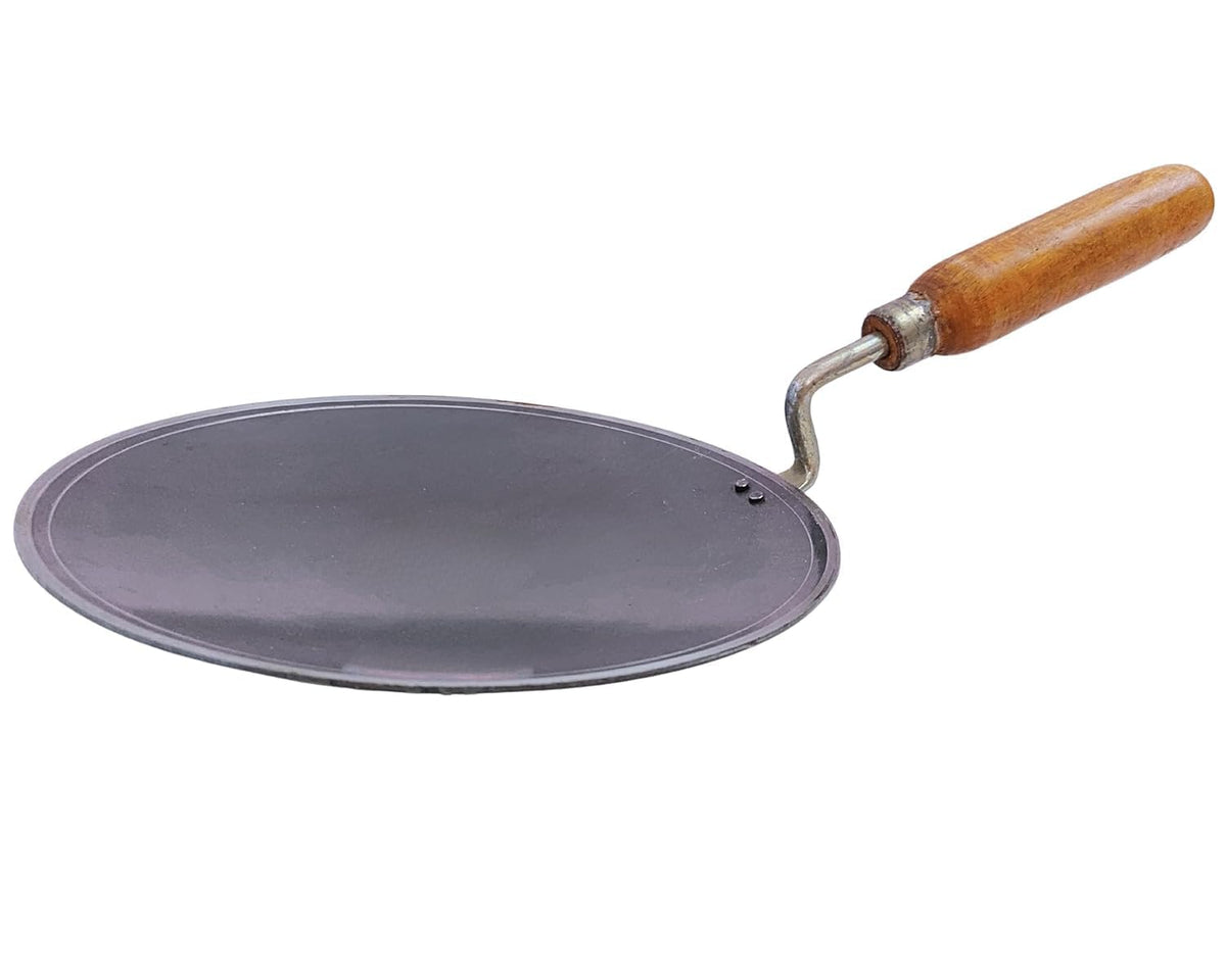 Pure Iron Concave Tawa for Roti/Chapati with Wooden Handle | Premium Heavy 100% Iron Handmade Curved Tava for Multipurpose Uses & Health Benefits | Non-Toxic, No Chemical Layers| 10 Inch, Heavy 1KG