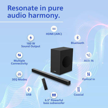 Philips Audio TAB4228/94 2.1Ch 160W Bluetooth Soundbar with Rich Bass, 3 EQ Modes, Multi-Connectivity Option with Supporting USB, HDMI(ARC), Optical, Coaxial & Aux-in for Easy Connection (Black)