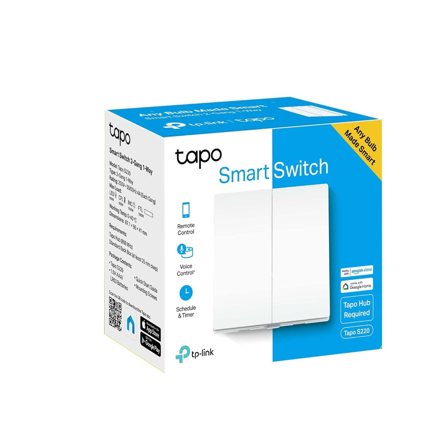 Tapo S220 Smart Light Switch 2 Gang 1 Way, Remote And Voice Control,Away Mode,No Neutral Required,Battery Included,Work With Alexa & Google Home, Hub Required Sold Separately