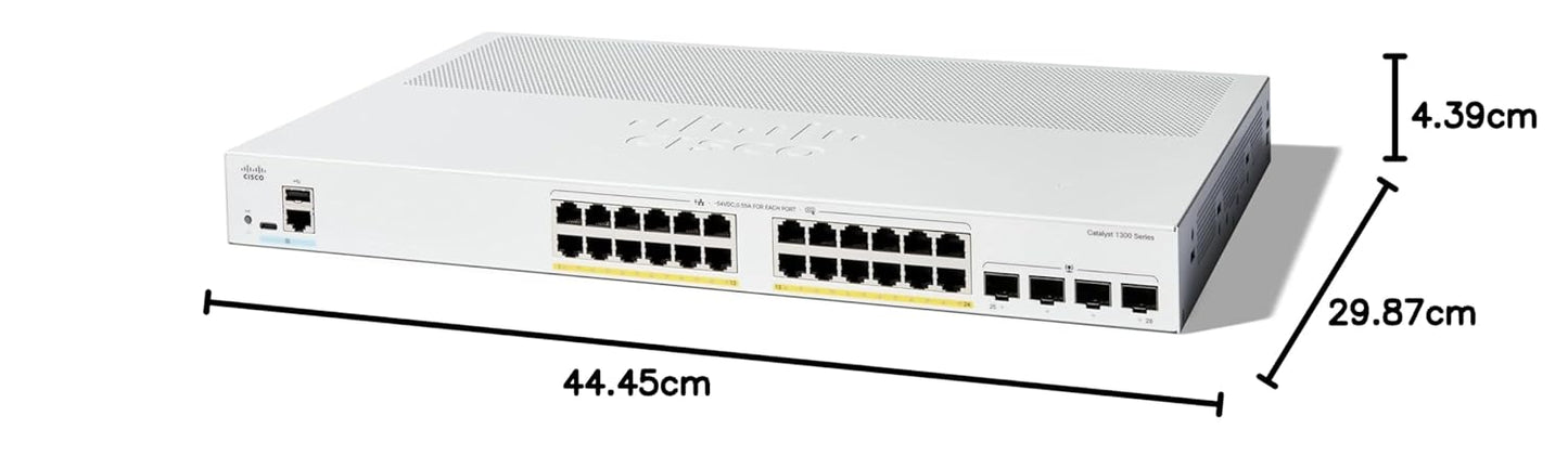 Cisco Catalyst 1300-24P-4G Managed Switch, 24 Port GE, PoE, 4x1GE SFP, Limited Lifetime Protection (C1300-24P-4G)