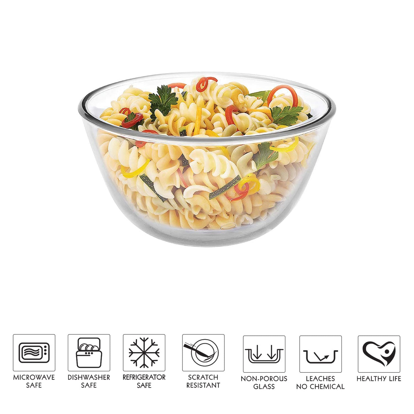 CELLO Ornella Toughened Glass Mixing Bowl Without Lid | Microwave Safe & Dishwasher Safe | Clear & Non- Porous Glass | Scratch Resistant | Transparent