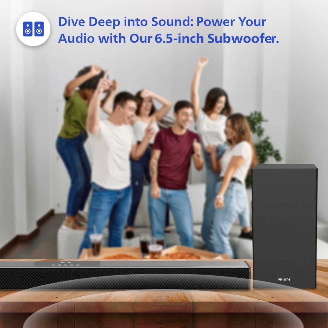 Philips Audio TAB4228/94 2.1Ch 160W Bluetooth Soundbar with Rich Bass, 3 EQ Modes, Multi-Connectivity Option with Supporting USB, HDMI(ARC), Optical, Coaxial & Aux-in for Easy Connection (Black)