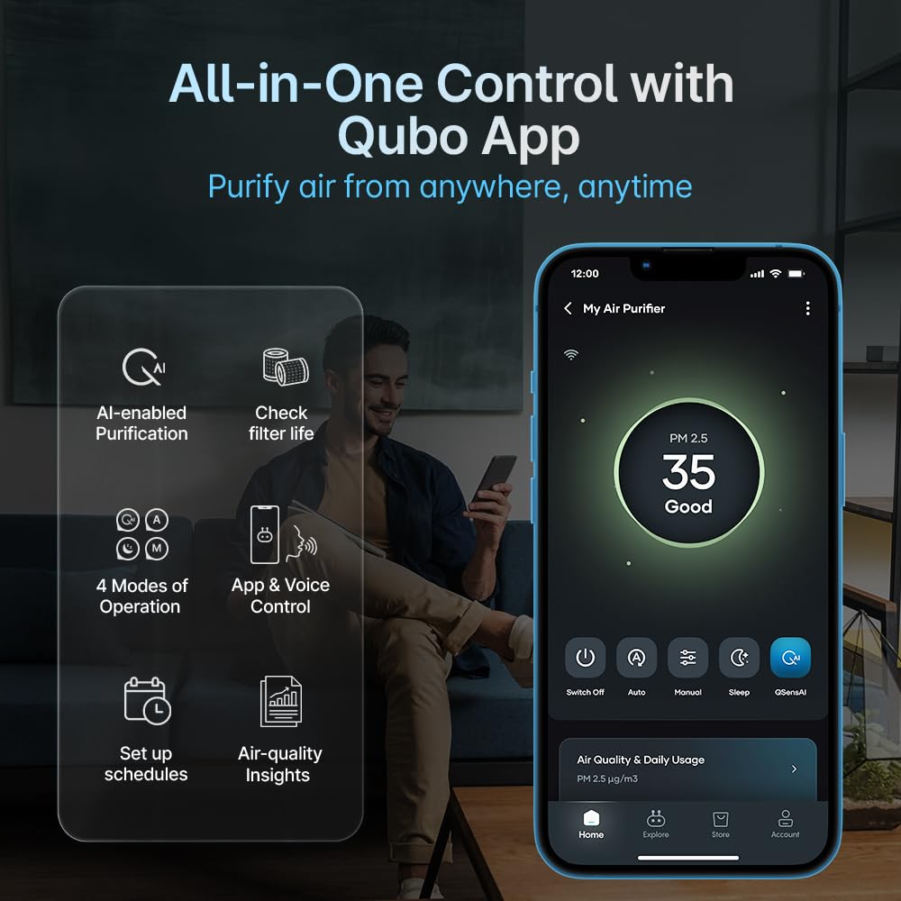 Qubo Smart Air Purifier Q400 for Home by Hero Group | 400 Sqft | 99.99% Allergen Removal |4-Layer True HEPA H13 Filter | 9000 Hrs Filter Life | App & Voice Control | Quiet Night Mode | BLDC Motor