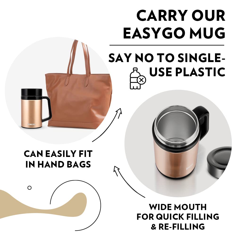 Borosil Easygo Insulated Mug,Double Vacuum Insulated Travel Coffee Mug with Lid, 5 Hours Hot & Cold, 410 ml (Stainless Steel)