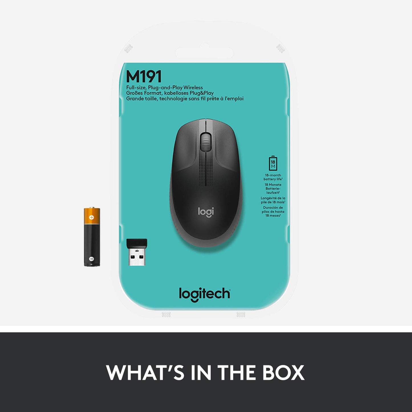Logitech Wireless Mouse M191, Full Size Ambidextrous Curve Design, 18-Month Battery with Power Saving Mode, USB Receiver, Precise Cursor Control + Scrolling, Wide Scroll Wheel, Scooped Buttons - Black-MOUSE-Logitech-computerspace