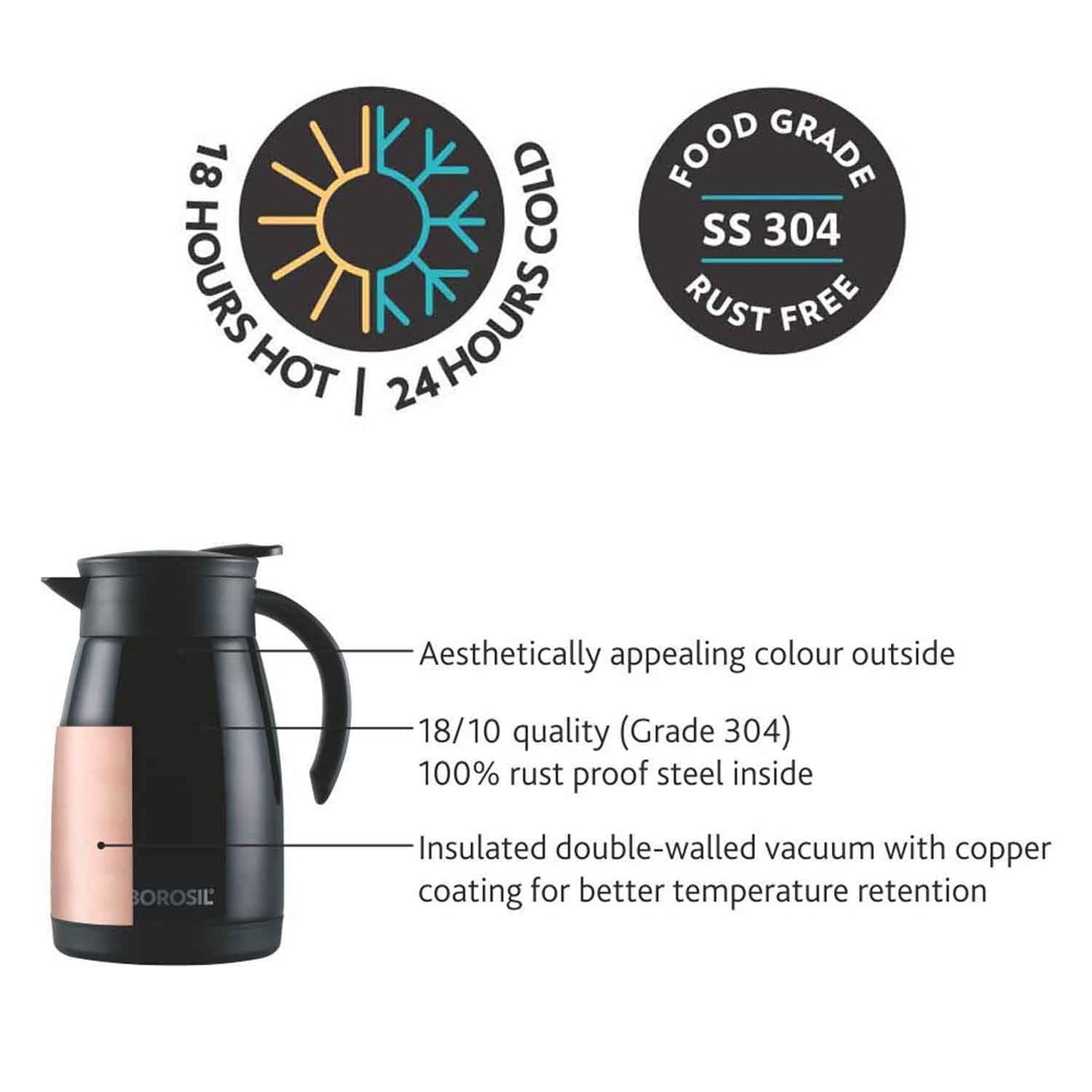 Borosil Stainless Steel 500ml Teapot with Handle | Double Wall Vacuum Insulated Thermosteel Carafe | BPA Free Jug for Tea/Coffee & Juice | 12 Hours Hot & 14 Hours Cold | 1 Year Warranty, Black
