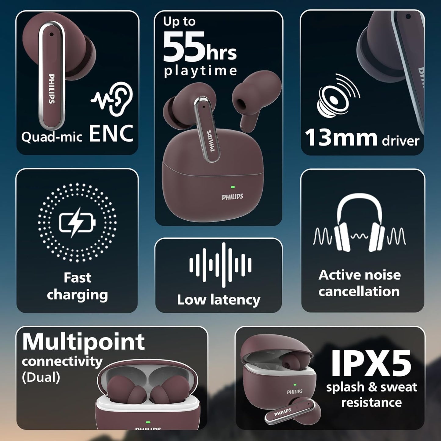 PHILIPS TAT1150BK/94 Premium Wireless Earbuds with ANC, Quad Mic ENC, Up to 55 Hr Playtime,13mm Neodymium Drivers,Multipoint, ergonomically Designed,IPX5 Water Resistance,Fast Charging (Deep Black)