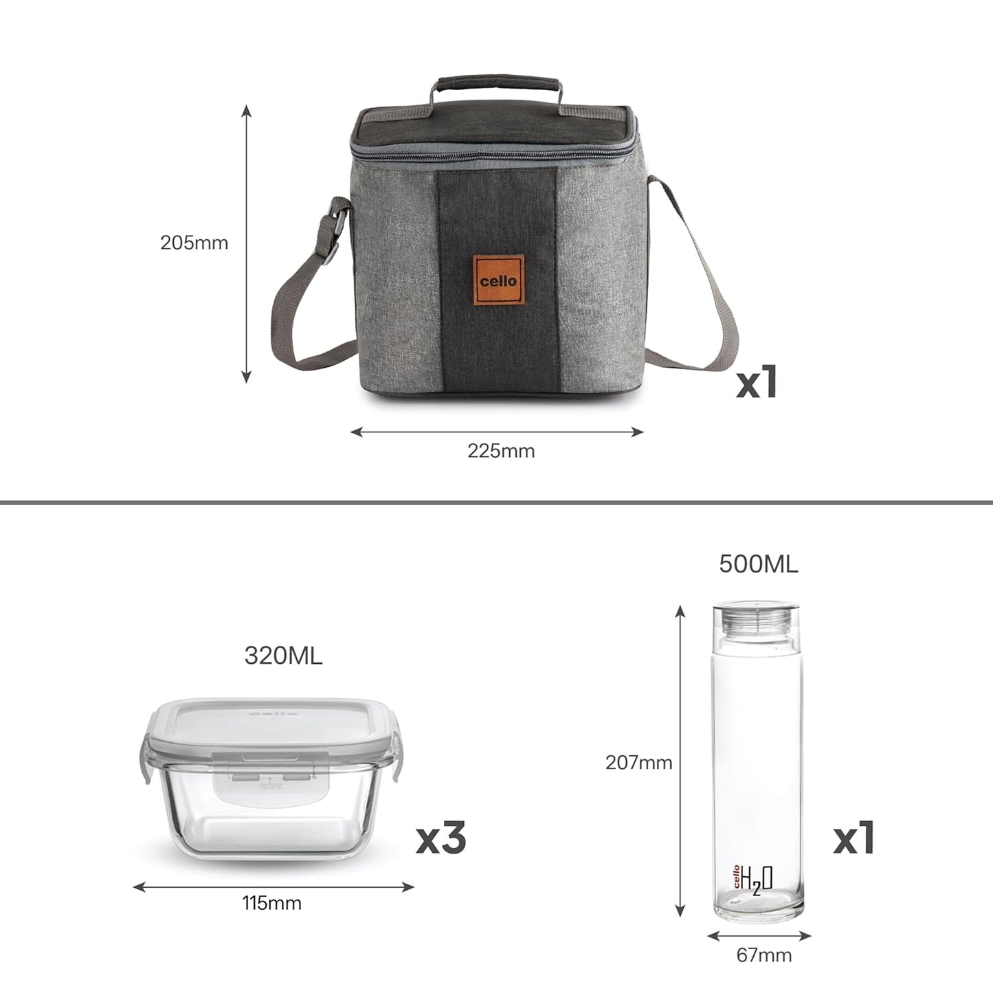 CELLO Glassy Square Lunch Box Set of 2 (320 ml x 2), Clear | Microwavable Toughened Glass | Leak Proof Design | Tiffin for Office/School/College