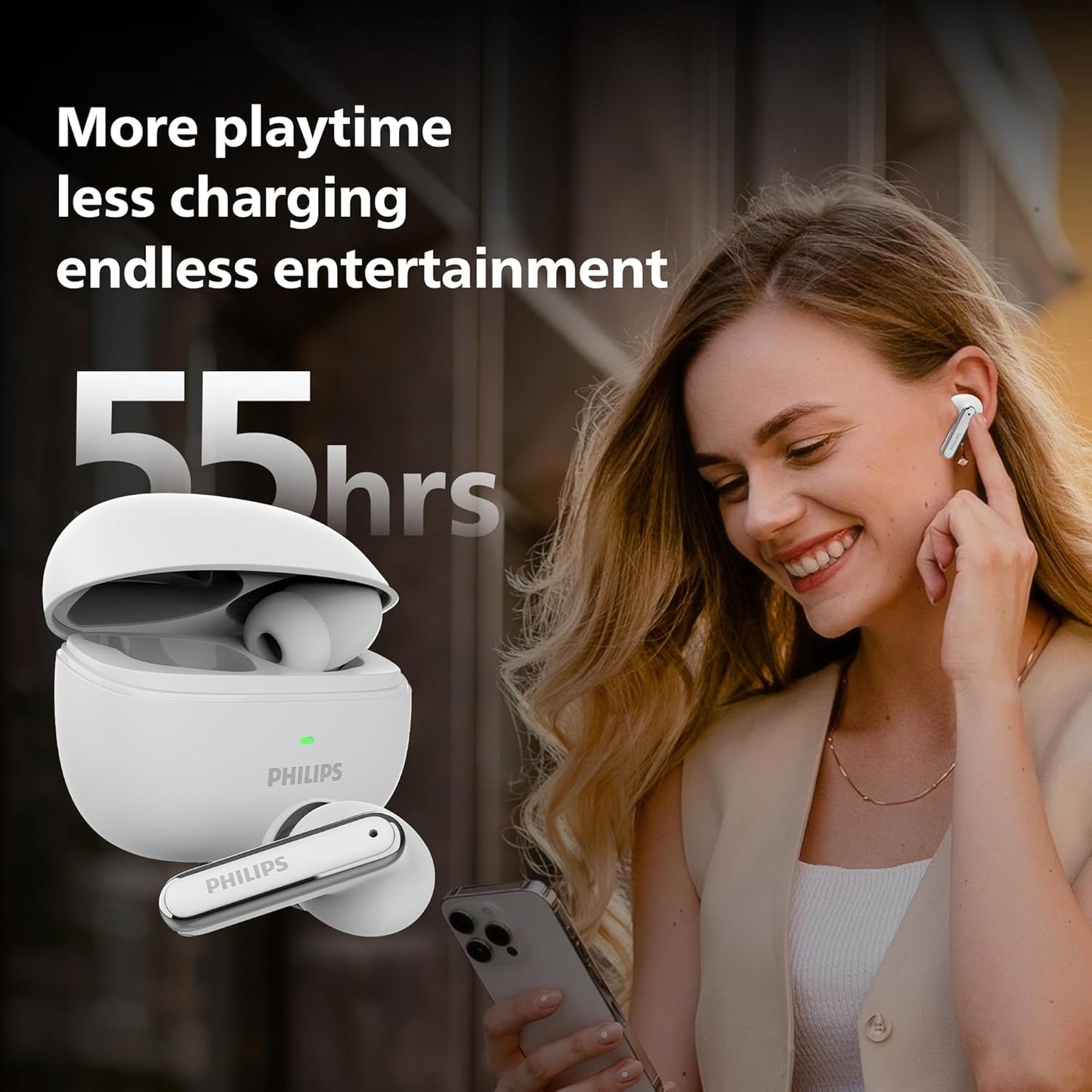 PHILIPS TAT1150BK/94 Premium Wireless Earbuds with ANC, Quad Mic ENC, Up to 55 Hr Playtime,13mm Neodymium Drivers,Multipoint, ergonomically Designed,IPX5 Water Resistance,Fast Charging (Deep Black)