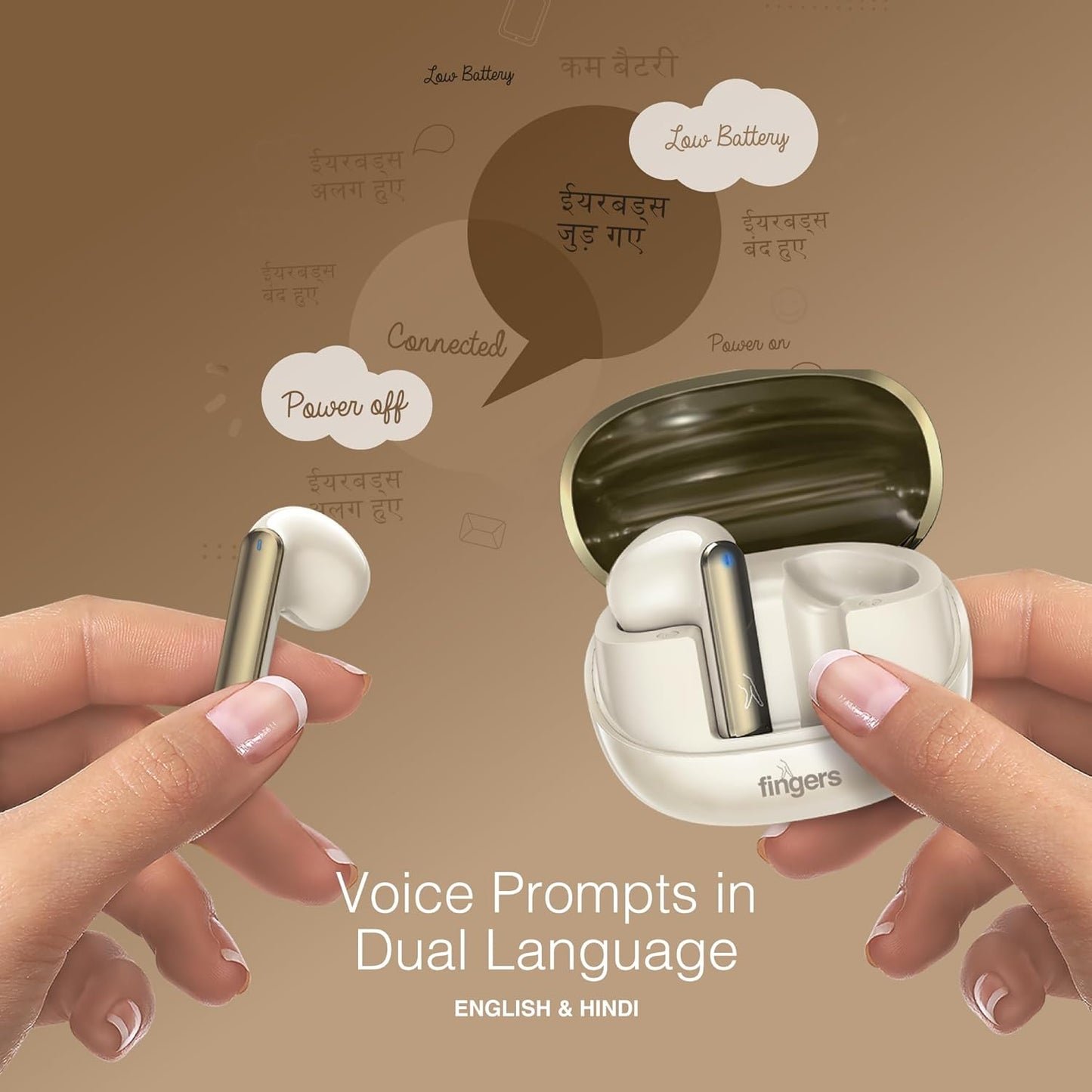 FINGERS Hi-Class TWS Earbuds - Classy | High-Class Sound, 24 Hours Playtime, Surround Noise Cancellation, Dual Language Voice Prompts, Intuitive Touch Controls (Champagne + Ivory White)-Fingers-computerspace