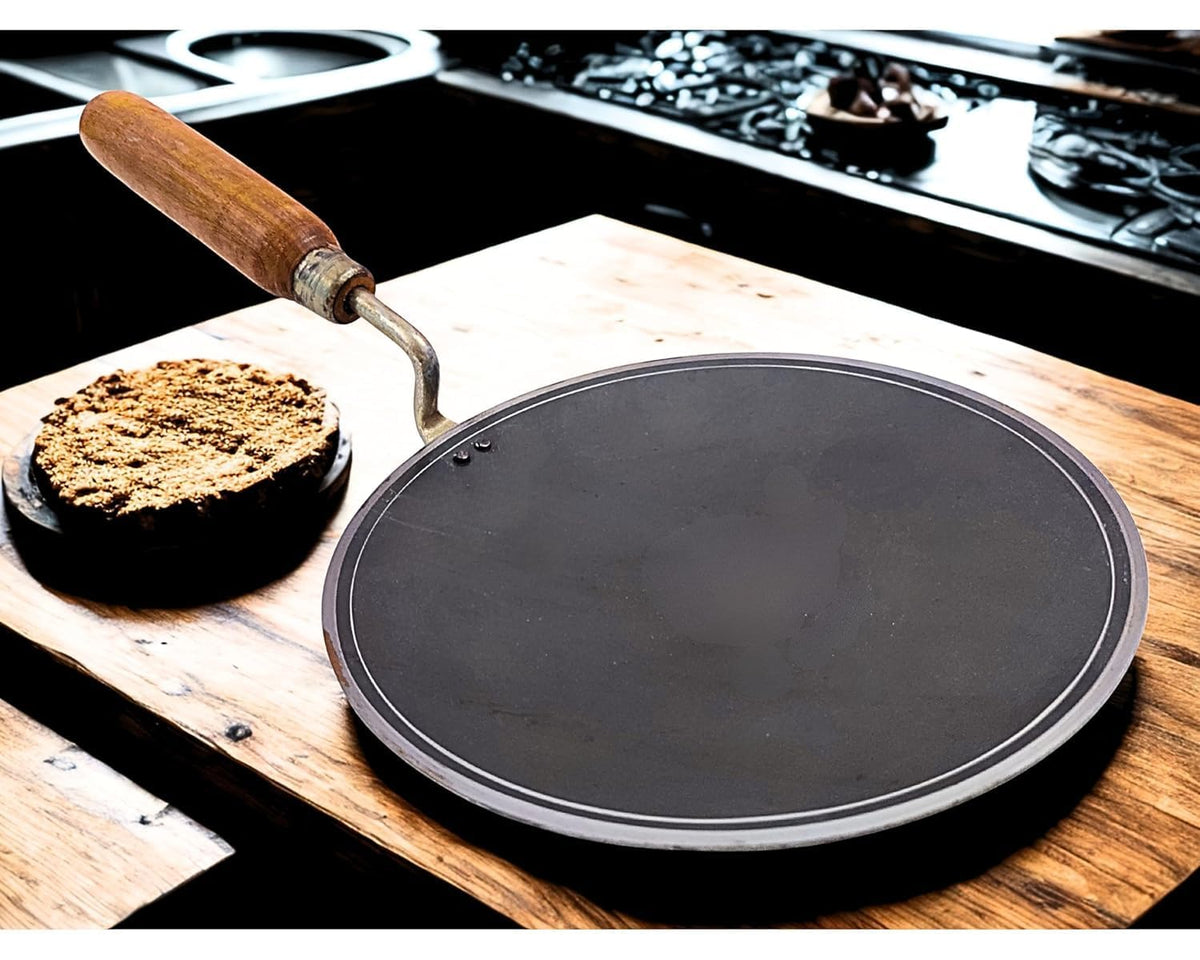 Pure Iron Concave Tawa for Roti/Chapati with Wooden Handle | Premium Heavy 100% Iron Handmade Curved Tava for Multipurpose Uses & Health Benefits | Non-Toxic, No Chemical Layers| 10 Inch, Heavy 1KG