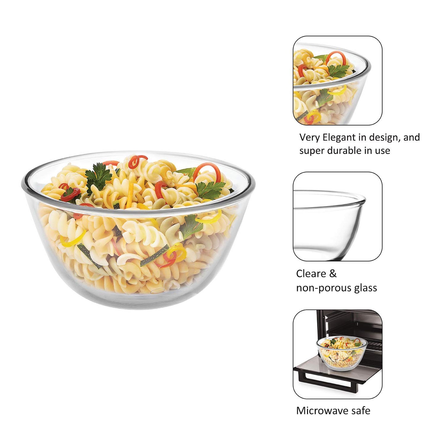 CELLO Ornella Toughened Glass Mixing Bowl Without Lid | Microwave Safe & Dishwasher Safe | Clear & Non- Porous Glass | Scratch Resistant | Transparent