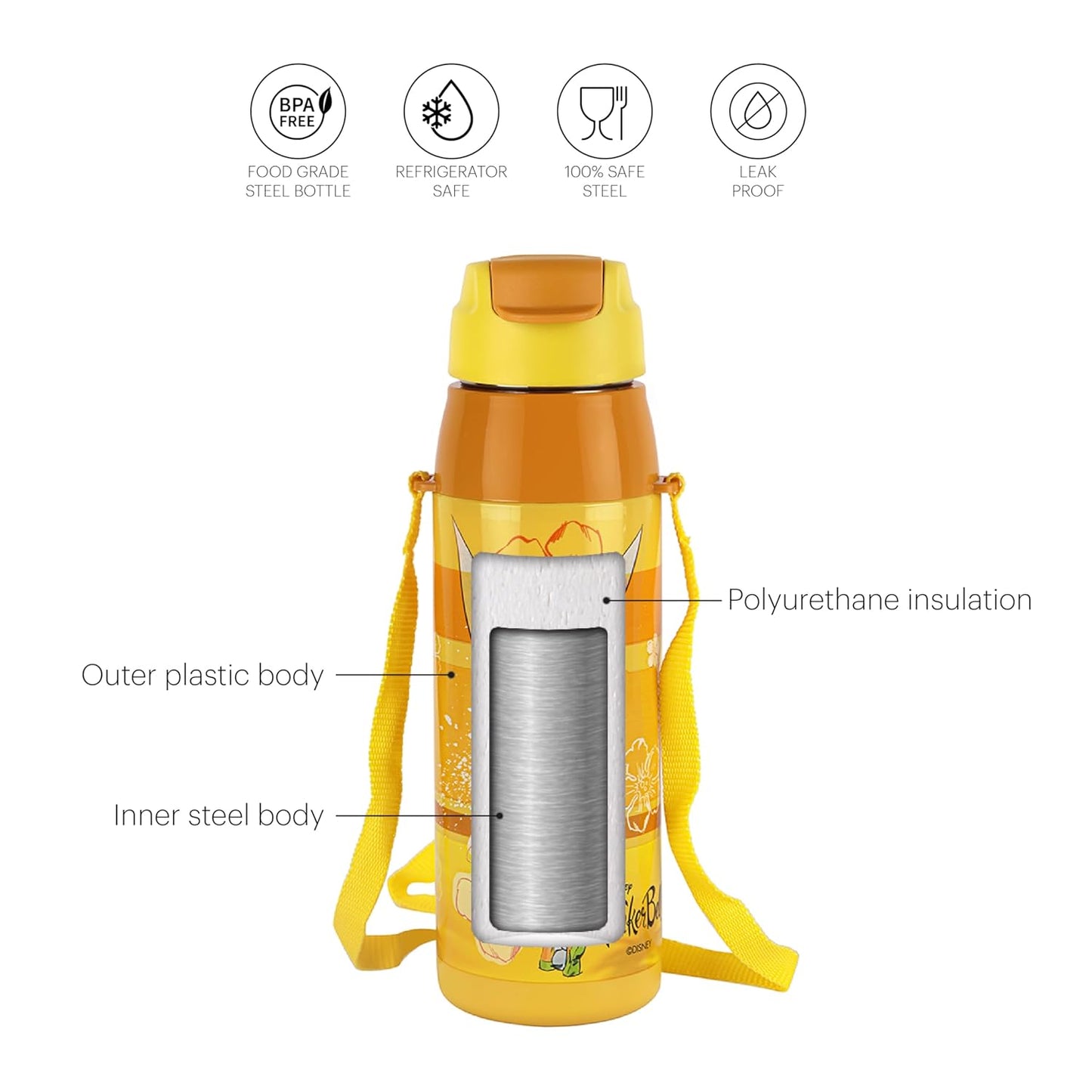 CELLO Puro Steel-X Hydra Kid 600 Water Bottle | PU Insulation | School Bottle | Picnic Bottle | Cold Insulation | Leak Proof | Kids Bottle | Easy to Carry | Tinker Bell | 520ml