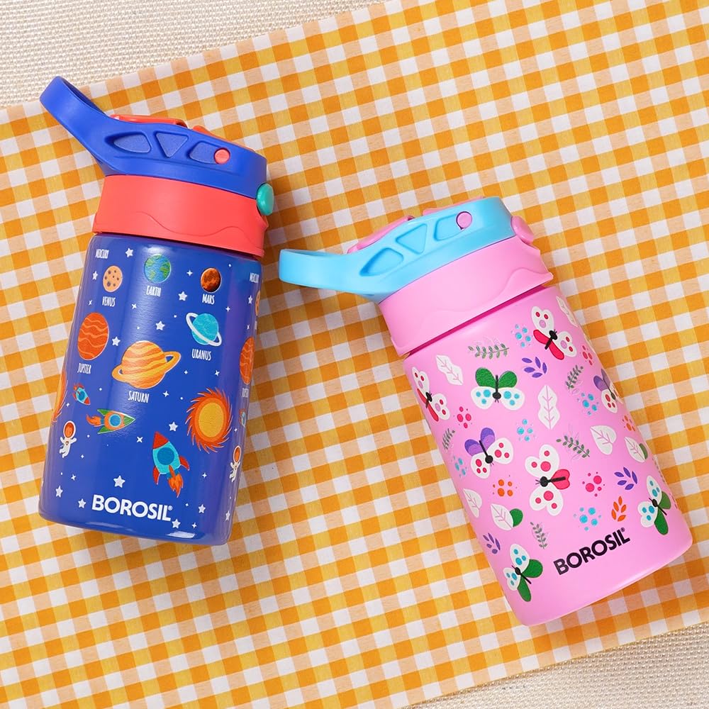 Borosil Space Kids Stainless Steel Water Bottle 330ml | Insulated School Sipper Bottle with Straw | Hot & Cold | Leakproof | ISI Certified