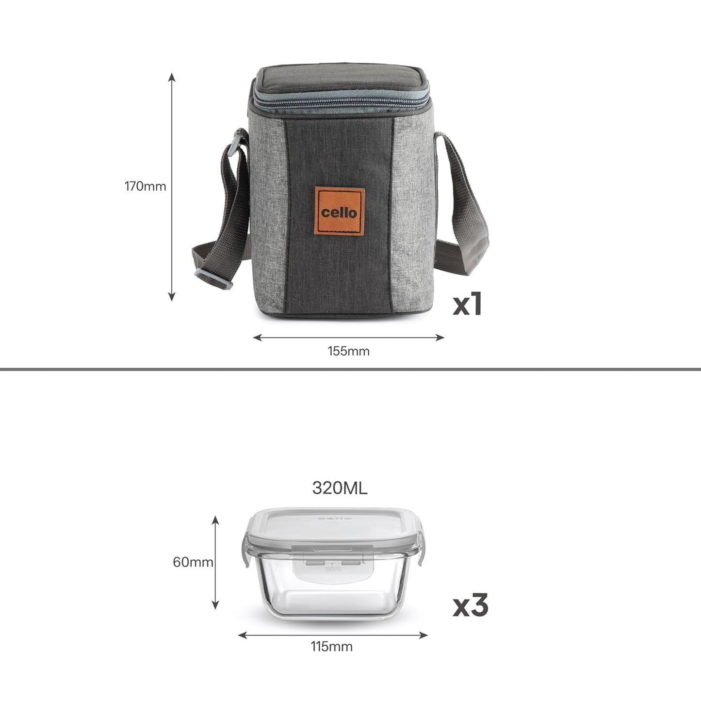 CELLO Glassy Square Lunch Box Set of 2 (320 ml x 2), Clear | Microwavable Toughened Glass | Leak Proof Design | Tiffin for Office/School/College