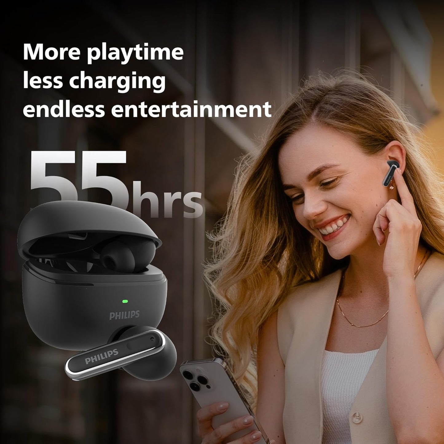 PHILIPS TAT1150BK/94 Premium Wireless Earbuds with ANC, Quad Mic ENC, Up to 55 Hr Playtime,13mm Neodymium Drivers,Multipoint, ergonomically Designed,IPX5 Water Resistance,Fast Charging (Deep Black)