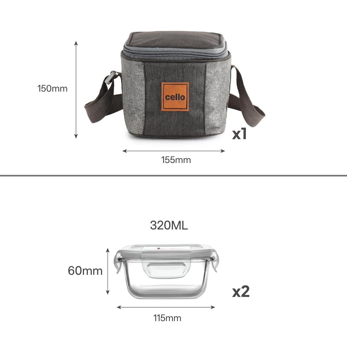 CELLO Glassy Square Lunch Box Set of 2 (320 ml x 2), Clear | Microwavable Toughened Glass | Leak Proof Design | Tiffin for Office/School/College