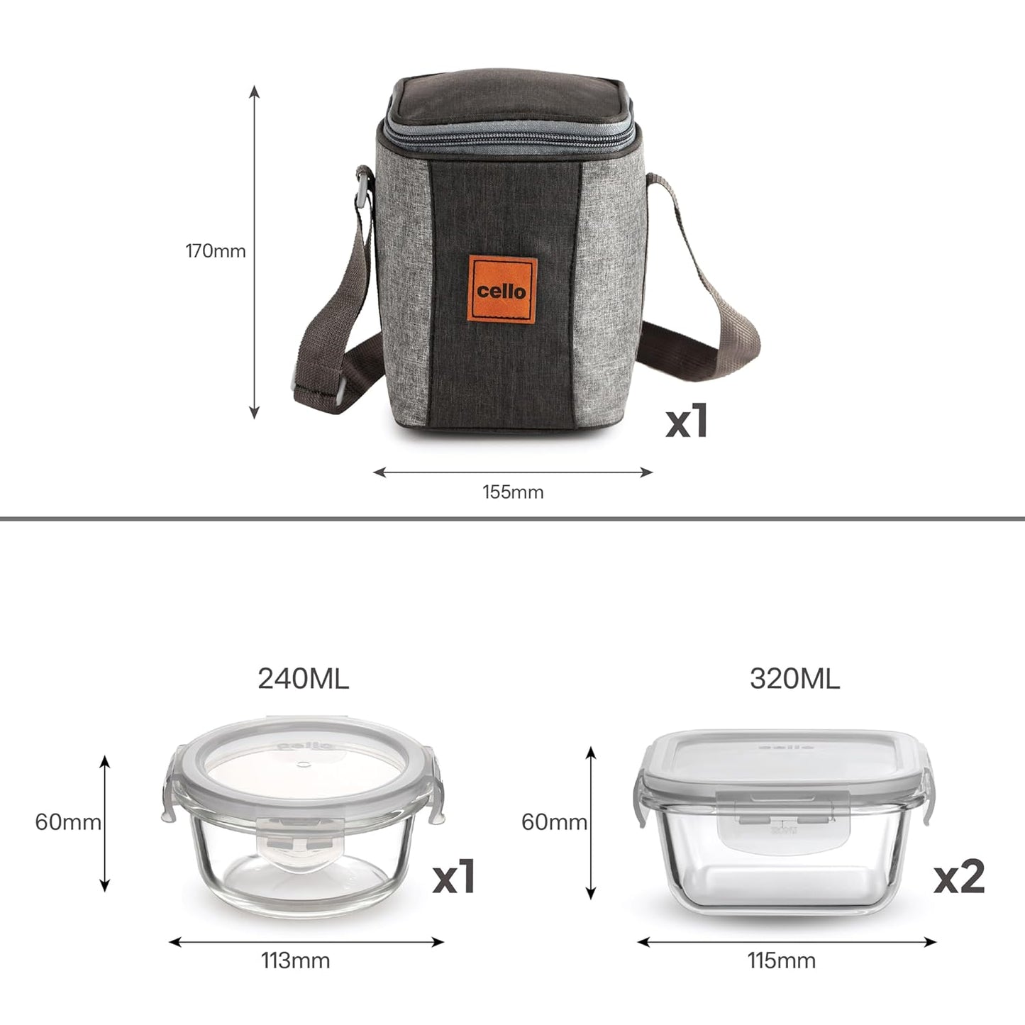 CELLO Glassy Square Lunch Box Set of 2 (320 ml x 2), Clear | Microwavable Toughened Glass | Leak Proof Design | Tiffin for Office/School/College
