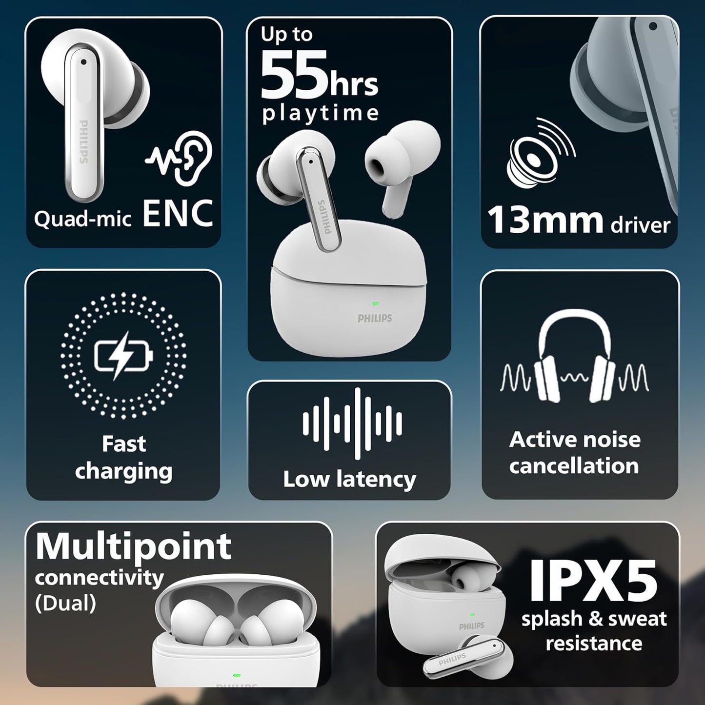 PHILIPS TAT1150BK/94 Premium Wireless Earbuds with ANC, Quad Mic ENC, Up to 55 Hr Playtime,13mm Neodymium Drivers,Multipoint, ergonomically Designed,IPX5 Water Resistance,Fast Charging (Deep Black)