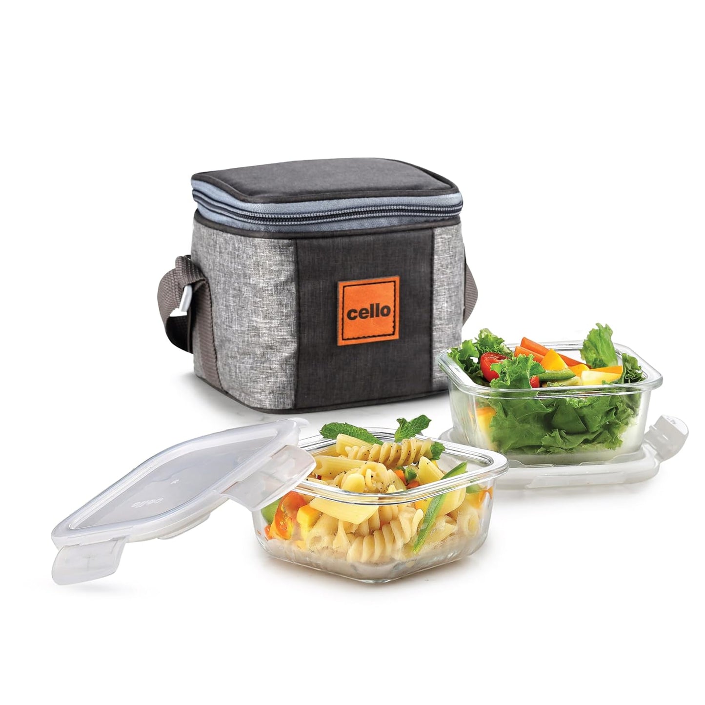 CELLO Glassy Square Lunch Box Set of 2 (320 ml x 2), Clear | Microwavable Toughened Glass | Leak Proof Design | Tiffin for Office/School/College