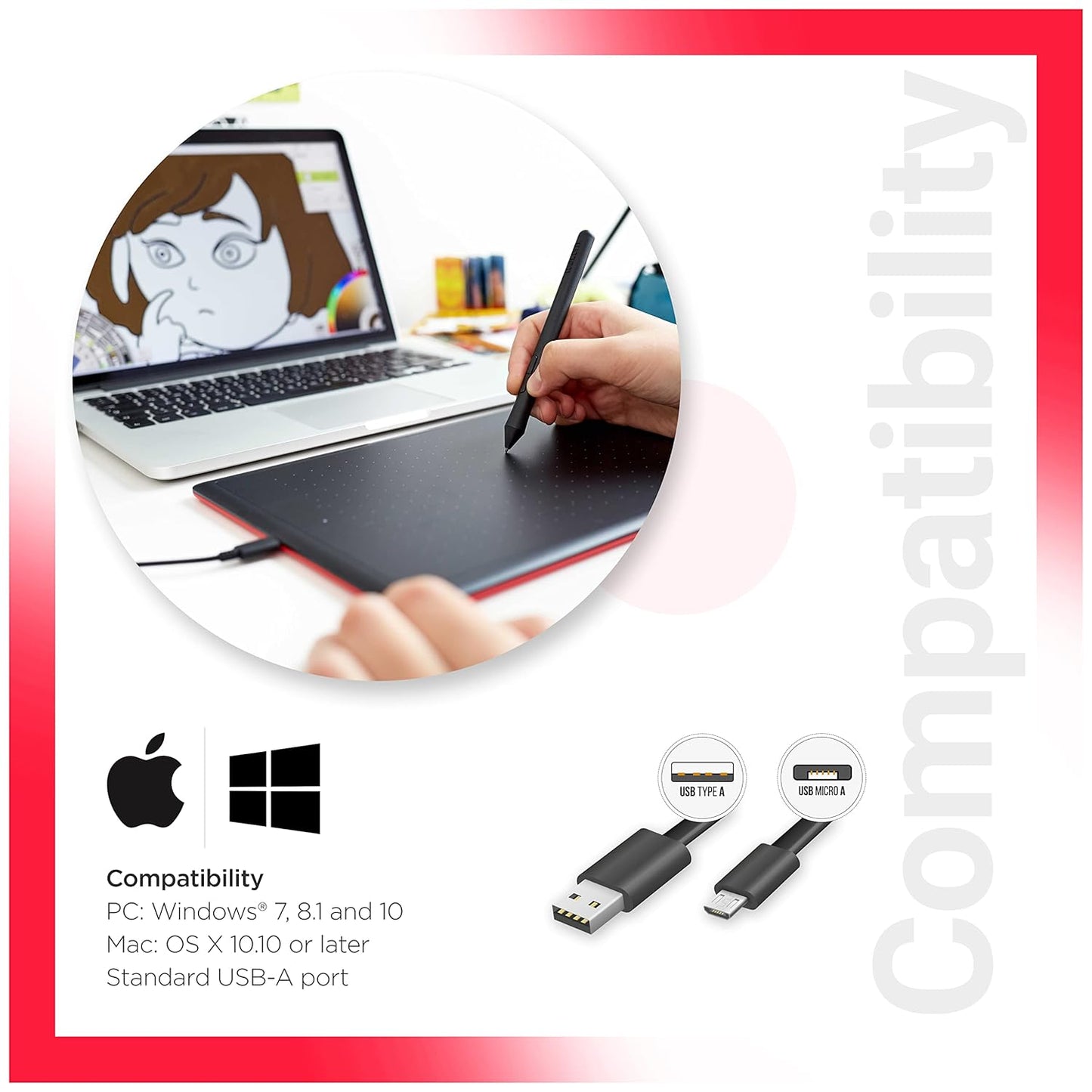 Wacom One by CTL-672 Medium 8.5-inch x 5.3-inch Graphic Tablet (Red/Black)