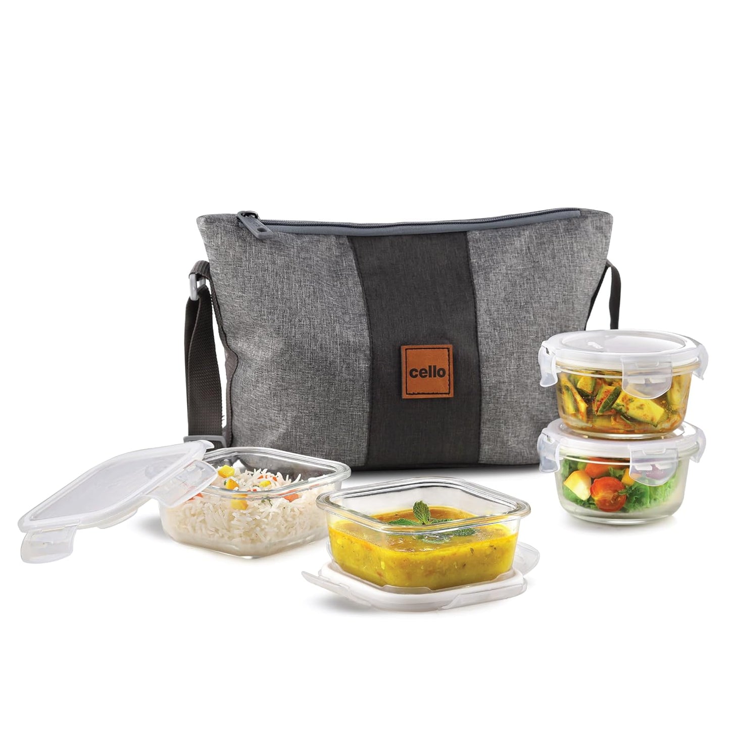 CELLO Glassy Square Lunch Box Set of 2 (320 ml x 2), Clear | Microwavable Toughened Glass | Leak Proof Design | Tiffin for Office/School/College