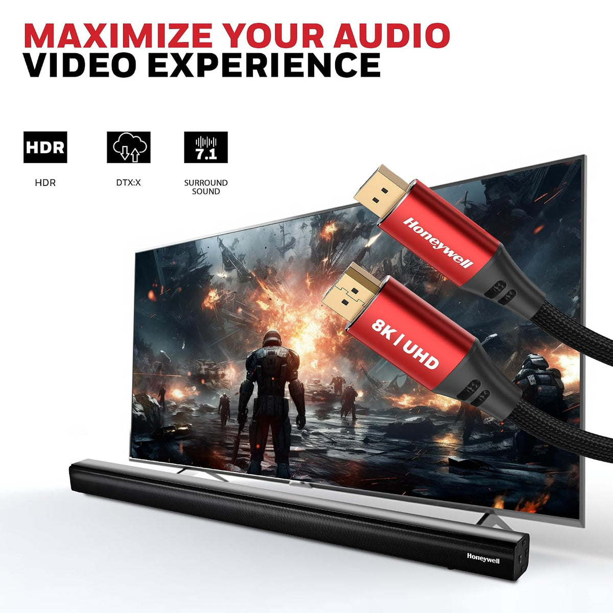 Honeywell DisplayPort to DisplayPort 2.0 Cable โ 8K@60Hz UHD, 40Gbps, 2 Meter, Male to Male (TV, Laptop, Monitor, Projector)