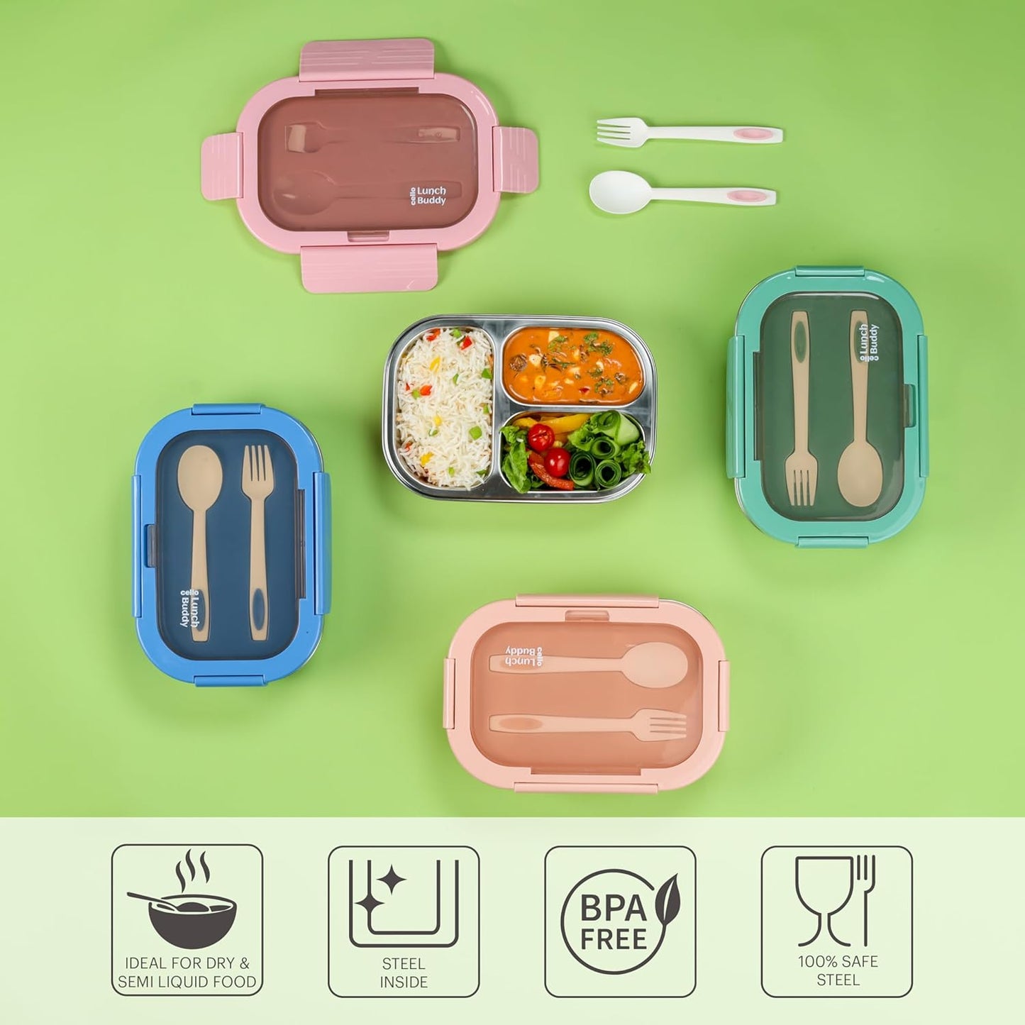 CELLO Lunch Buddy Insulated Lunch Box with Plastic Spoon and Fork | 100% Food Grade | Leak Proof and Break Resistant | Ideal for College,Office, Outdoor Activities | 925 ml, Pink