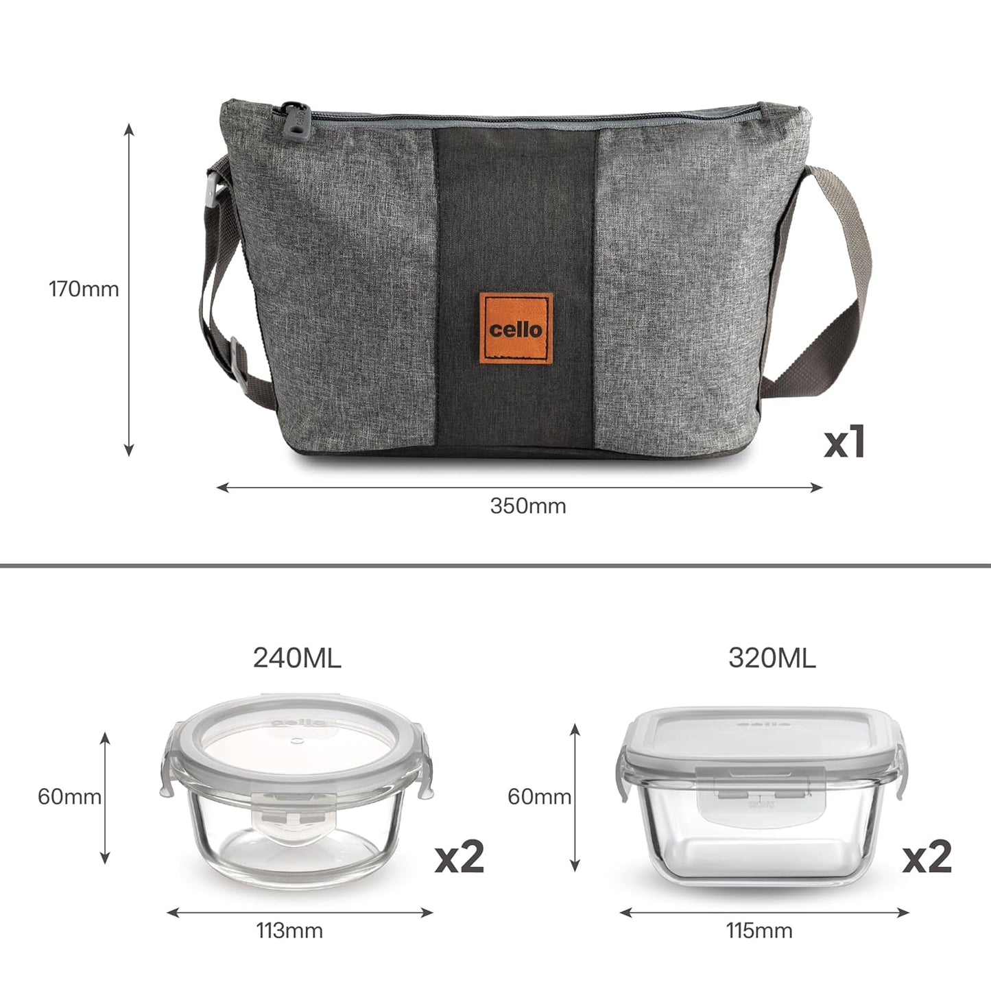 CELLO Glassy Square Lunch Box Set of 2 (320 ml x 2), Clear | Microwavable Toughened Glass | Leak Proof Design | Tiffin for Office/School/College