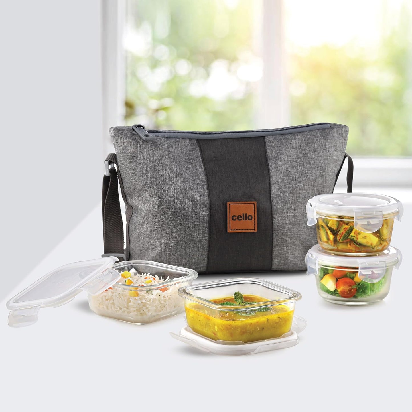 CELLO Glassy Square Lunch Box Set of 2 (320 ml x 2), Clear | Microwavable Toughened Glass | Leak Proof Design | Tiffin for Office/School/College