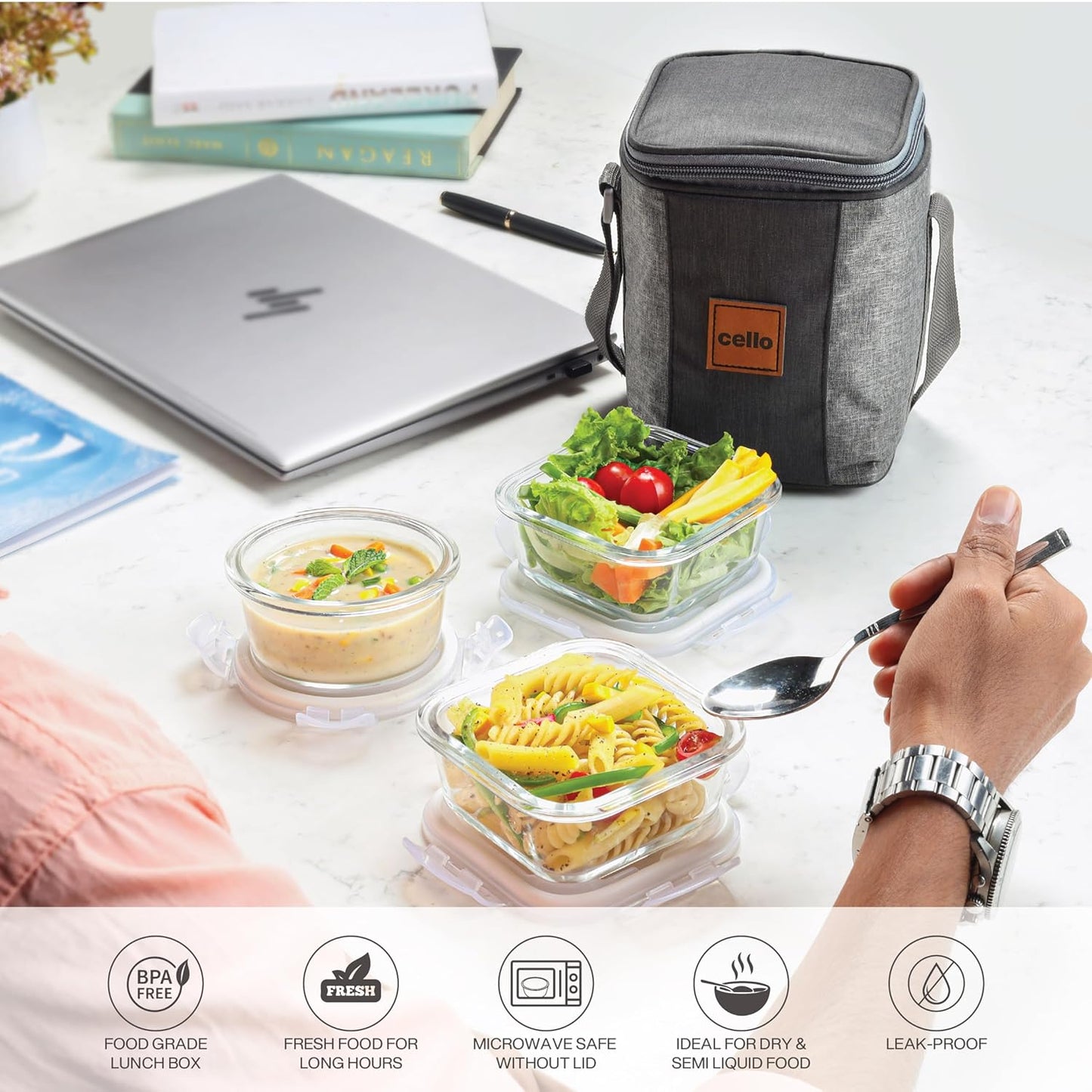 CELLO Glassy Square Lunch Box Set of 2 (320 ml x 2), Clear | Microwavable Toughened Glass | Leak Proof Design | Tiffin for Office/School/College