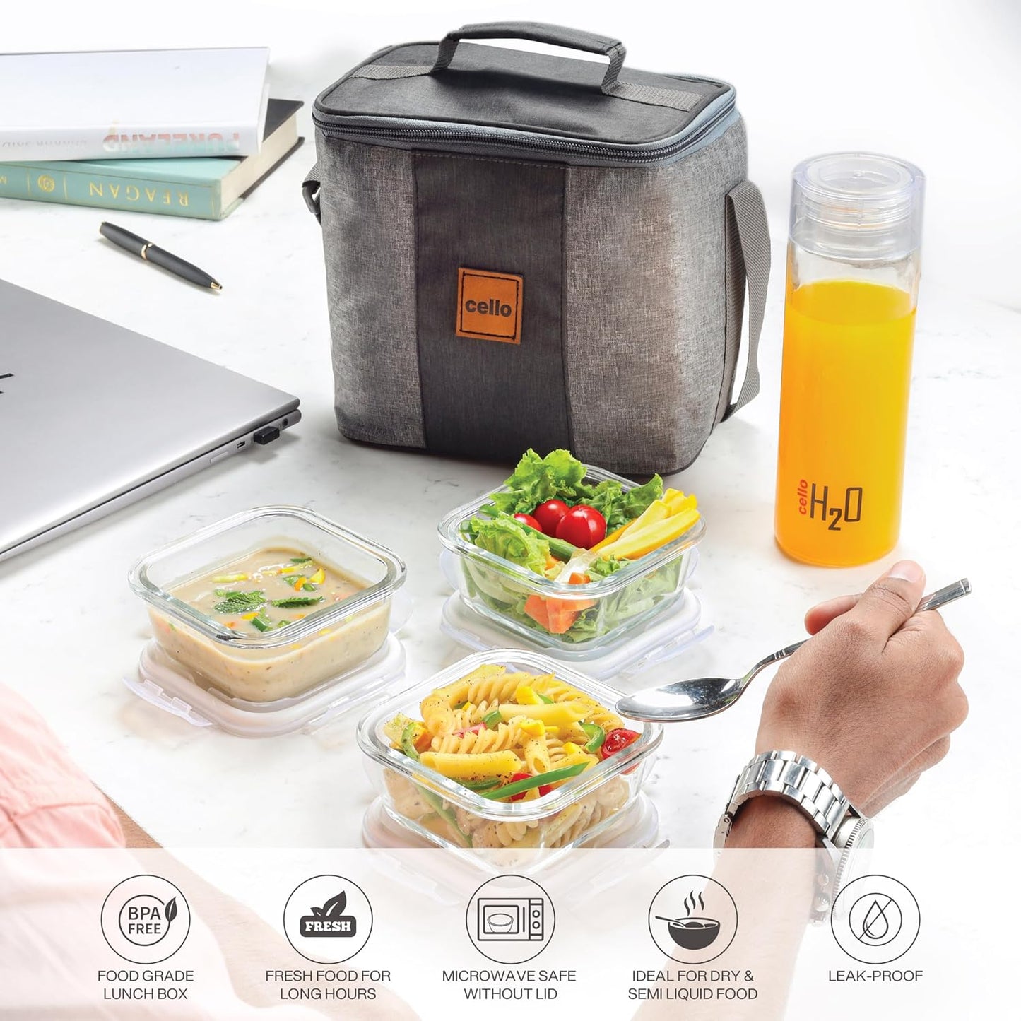 CELLO Glassy Square Lunch Box Set of 2 (320 ml x 2), Clear | Microwavable Toughened Glass | Leak Proof Design | Tiffin for Office/School/College