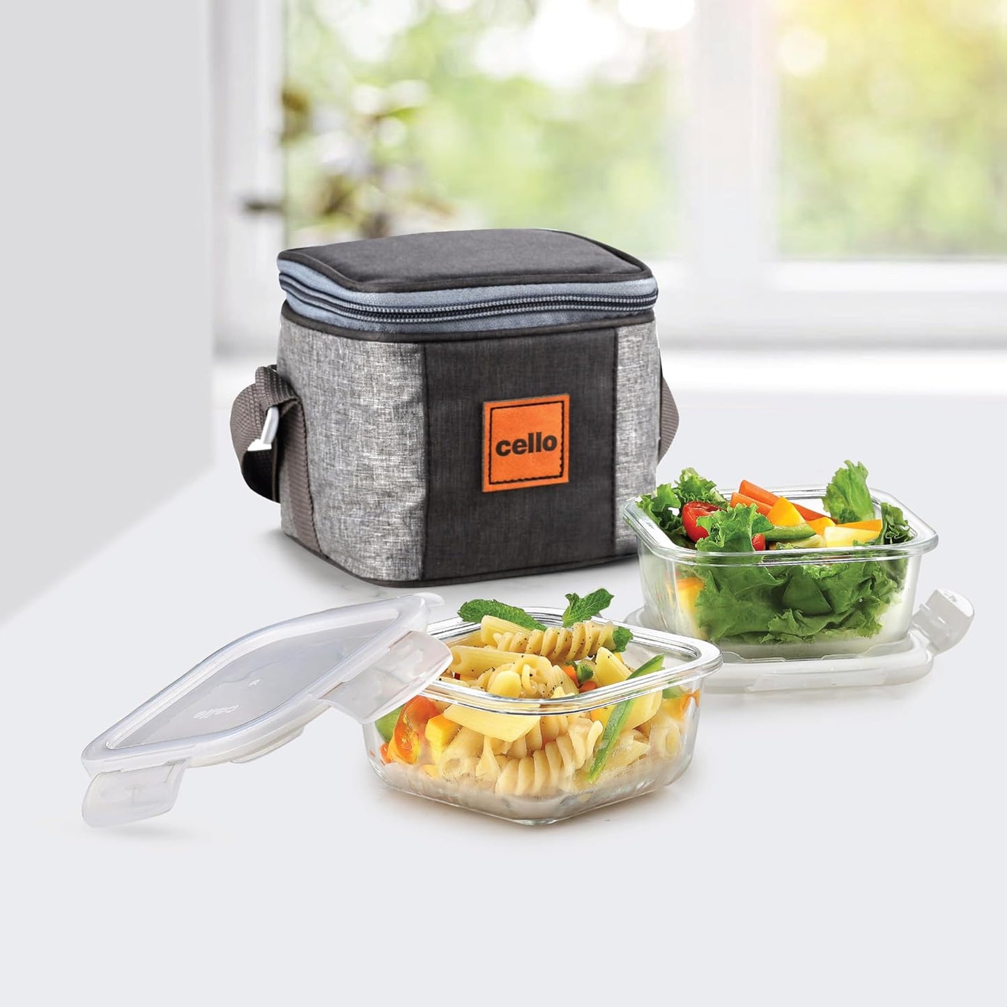 CELLO Glassy Square Lunch Box Set of 2 (320 ml x 2), Clear | Microwavable Toughened Glass | Leak Proof Design | Tiffin for Office/School/College