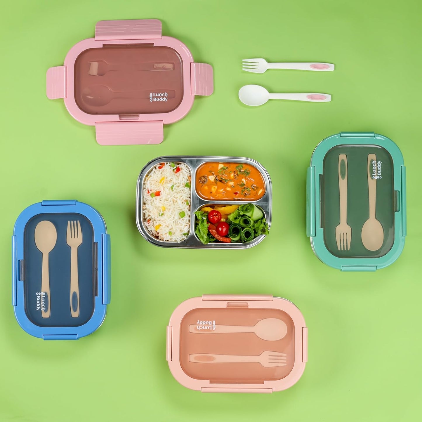 CELLO Lunch Buddy Insulated Lunch Box with Plastic Spoon and Fork | 100% Food Grade | Leak Proof and Break Resistant | Ideal for College,Office, Outdoor Activities | 925 ml, Pink