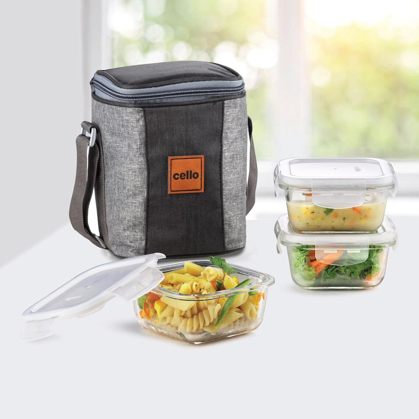 CELLO Glassy Square Lunch Box Set of 2 (320 ml x 2), Clear | Microwavable Toughened Glass | Leak Proof Design | Tiffin for Office/School/College