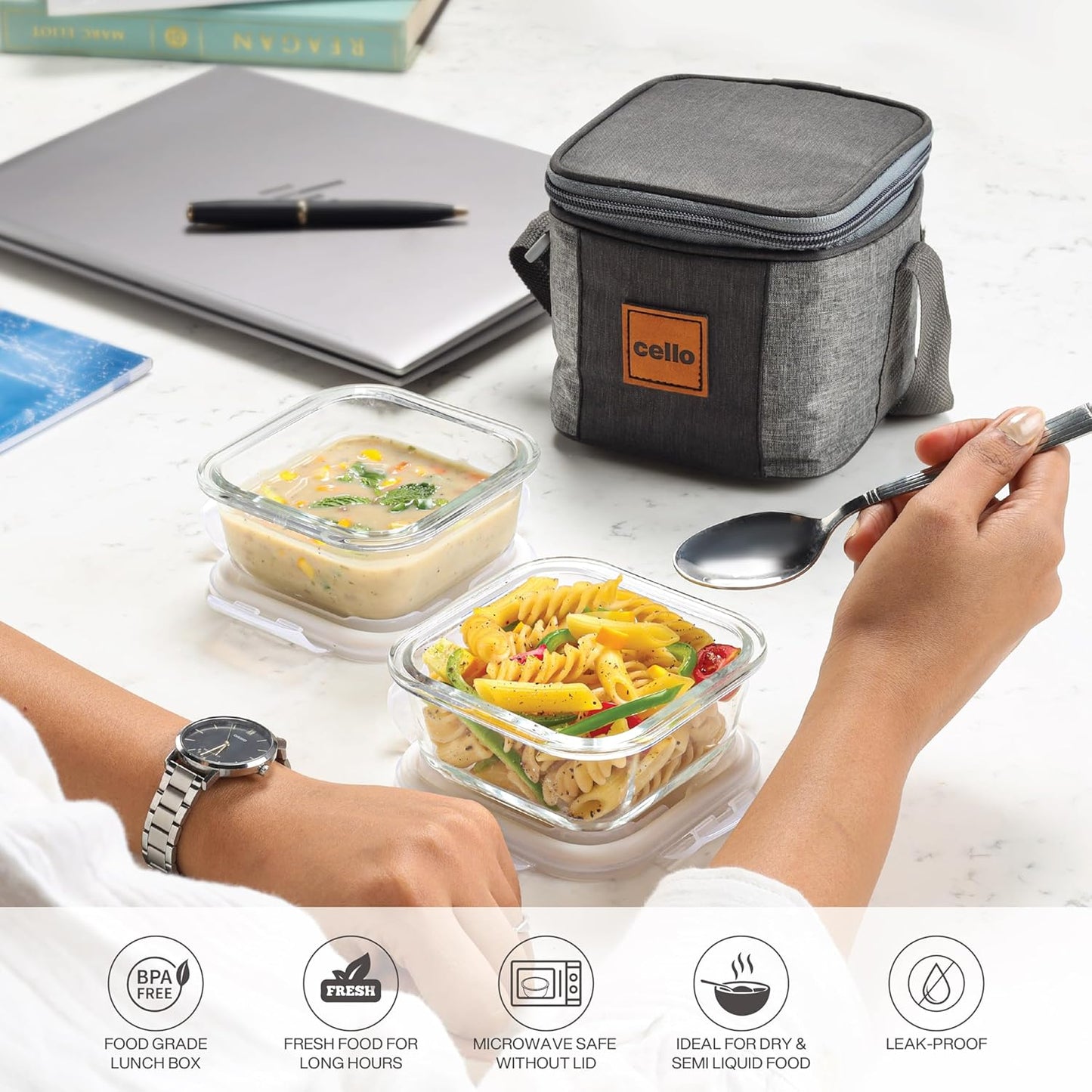 CELLO Glassy Square Lunch Box Set of 2 (320 ml x 2), Clear | Microwavable Toughened Glass | Leak Proof Design | Tiffin for Office/School/College