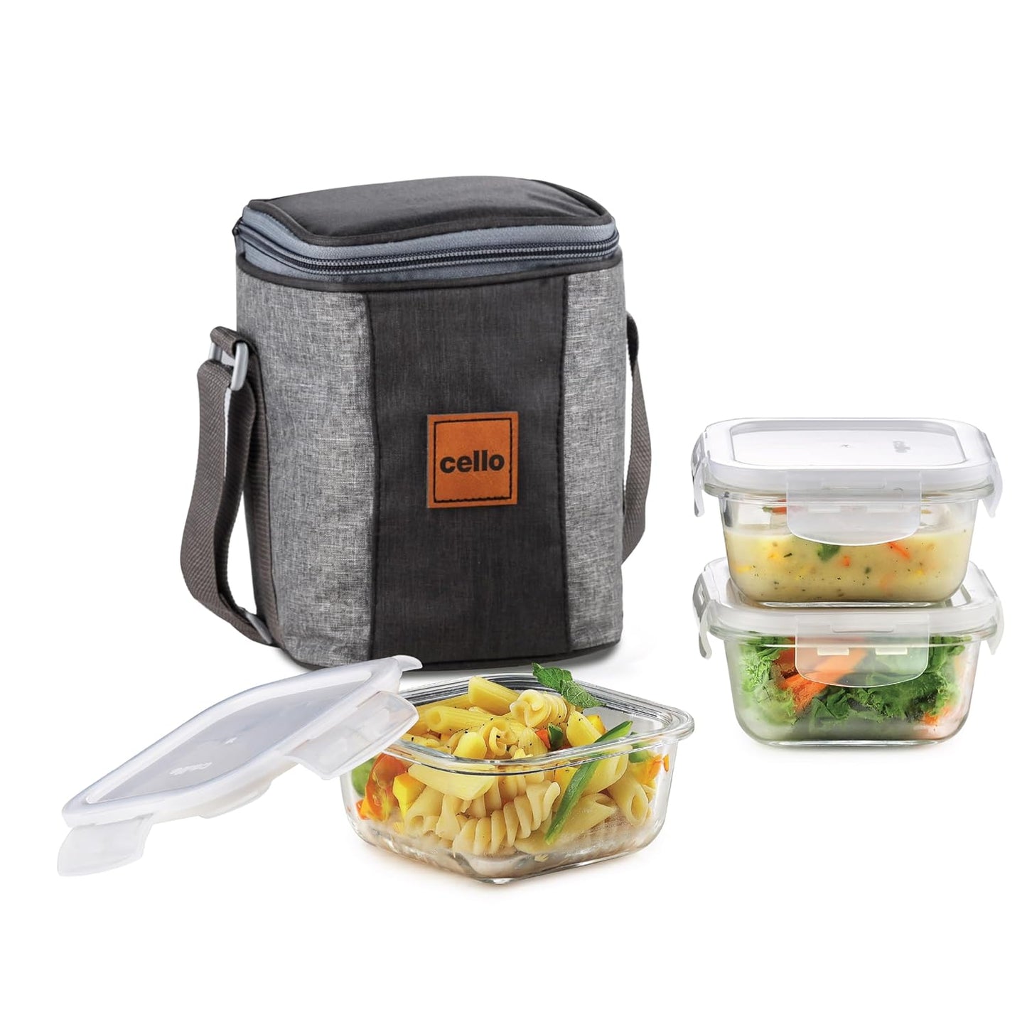 CELLO Glassy Square Lunch Box Set of 2 (320 ml x 2), Clear | Microwavable Toughened Glass | Leak Proof Design | Tiffin for Office/School/College