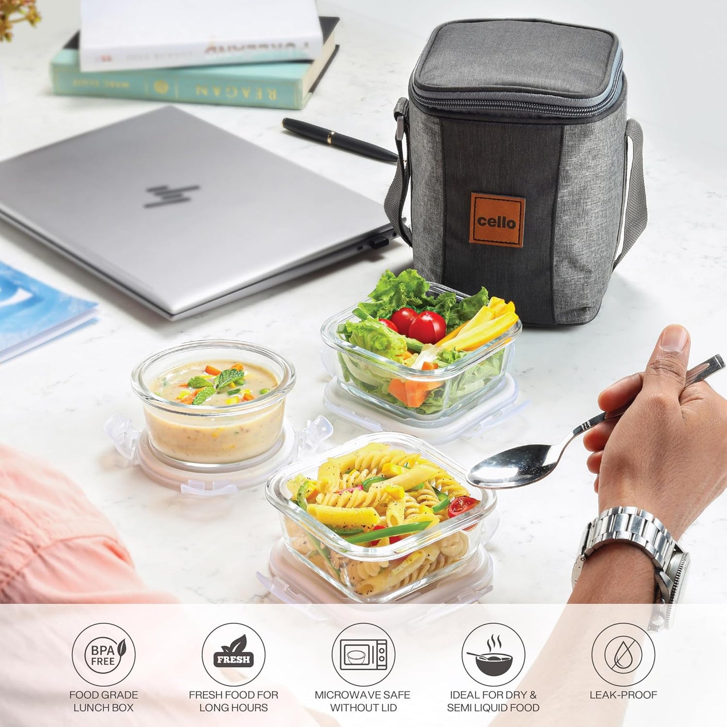 CELLO Glassy Square Lunch Box Set of 2 (320 ml x 2), Clear | Microwavable Toughened Glass | Leak Proof Design | Tiffin for Office/School/College
