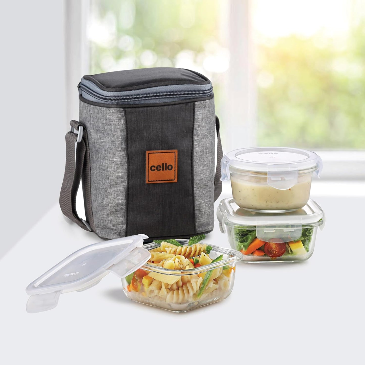 CELLO Glassy Square Lunch Box Set of 2 (320 ml x 2), Clear | Microwavable Toughened Glass | Leak Proof Design | Tiffin for Office/School/College