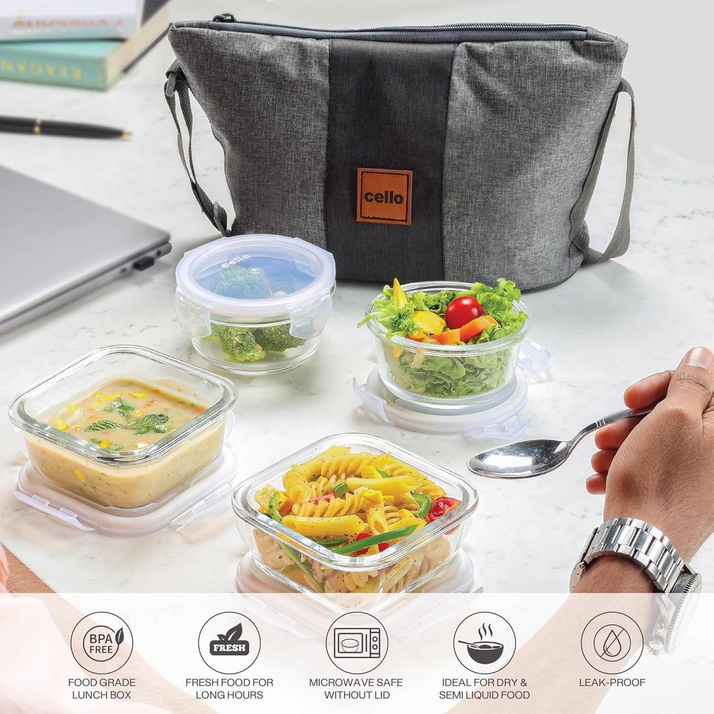 CELLO Glassy Square Lunch Box Set of 2 (320 ml x 2), Clear | Microwavable Toughened Glass | Leak Proof Design | Tiffin for Office/School/College