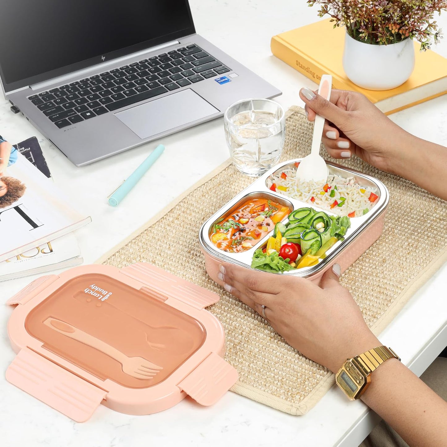 CELLO Lunch Buddy Insulated Lunch Box with Plastic Spoon and Fork | 100% Food Grade | Leak Proof and Break Resistant | Ideal for College,Office, Outdoor Activities | 925 ml, Pink