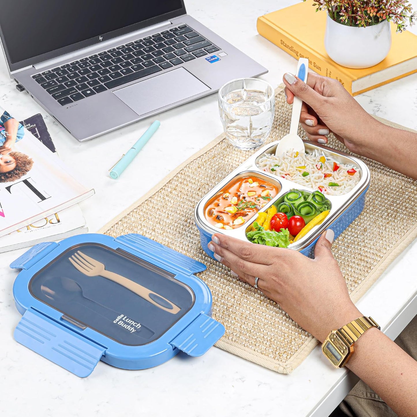 CELLO Lunch Buddy Insulated Lunch Box with Plastic Spoon and Fork | 100% Food Grade | Leak Proof and Break Resistant | Ideal for College,Office, Outdoor Activities | 925 ml, Pink