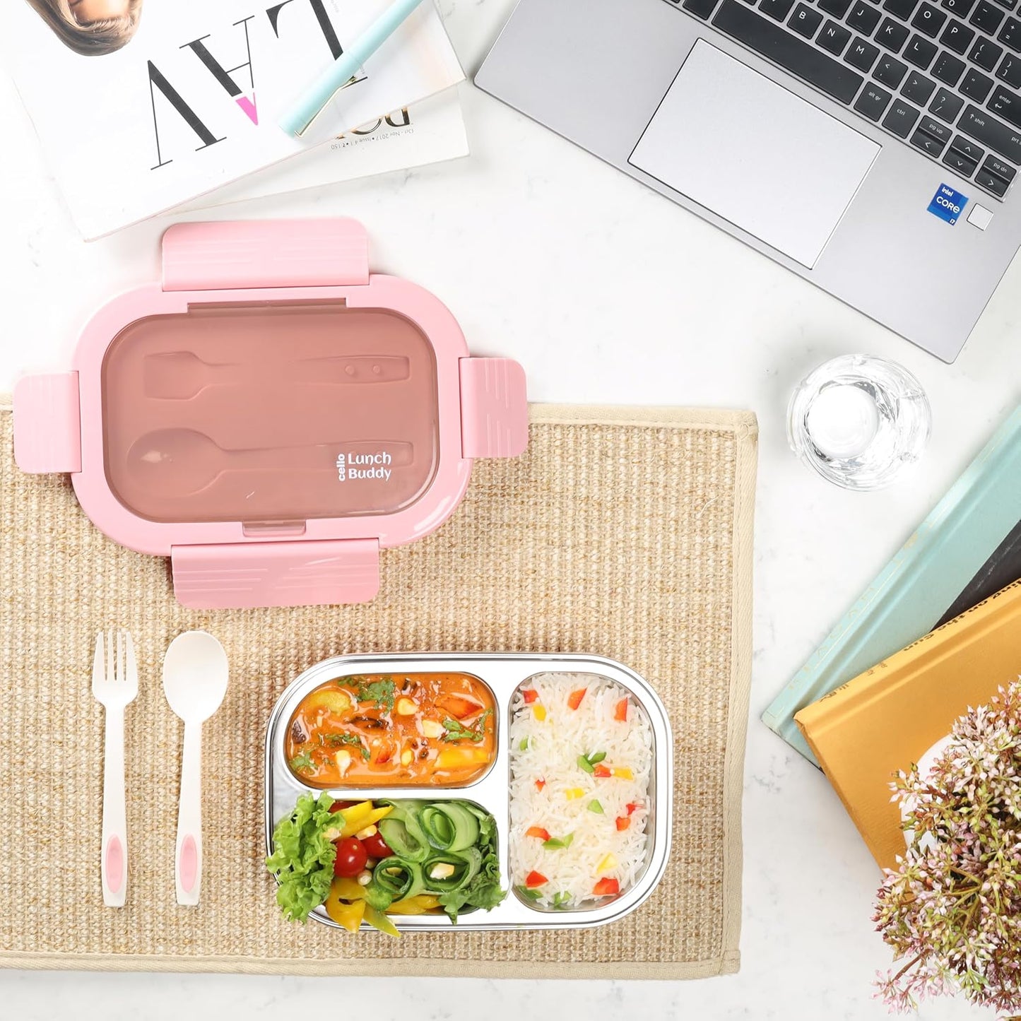 CELLO Lunch Buddy Insulated Lunch Box with Plastic Spoon and Fork | 100% Food Grade | Leak Proof and Break Resistant | Ideal for College,Office, Outdoor Activities | 925 ml, Pink