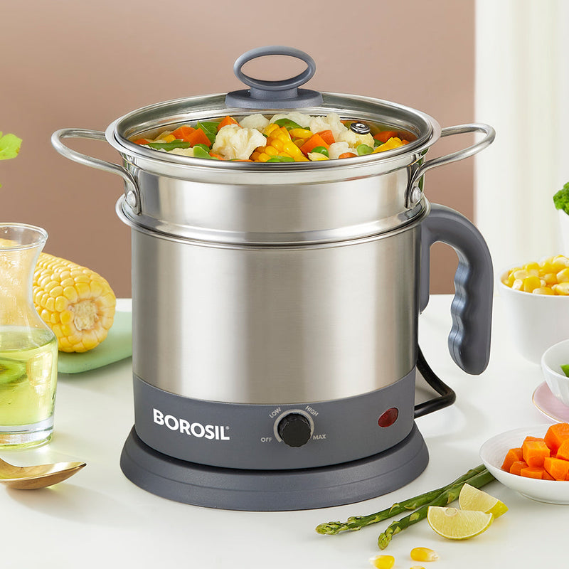Borosil Quick Multipurpose Electric Kettle (1.3L) - 600W Stainless Steel Multi-Cooker with Egg Tray, Idli Stand & Steamer | Auto Cut-off & Dry Boil Protection