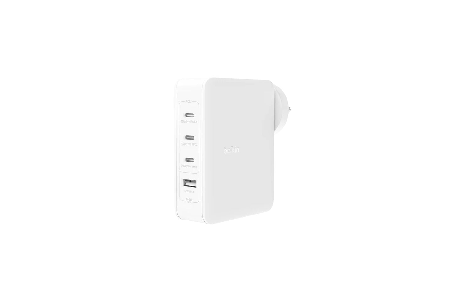 Belkin 140W GaN 4-Port (3X USB-C and 1x USB-A) PD 3.1 Fast Wall Charger, Compact Size, Compatible with MacBook Pro, MacBook Air, USB-C Laptops, iPhone 15 & Other USB-C Devices - White-Power Adapters & Chargers-Belkin-computerspace