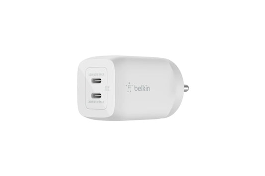 Belkin 65W GaN Dual USB C PD 3.0 Fast Charger with PPS Technology, Compact Size, USB-C, Type C Fast Charger for iPhone, MacBook Air, iPad Pro, Pixel, Galaxy, More Devices – White-Power Adapters & Chargers-Belkin-computerspace